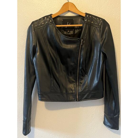 JACK Jackets & Blazers - Womens Jack Faux Leather Crop Top Bomber Jacket with Gold Shoulder Studs Size M